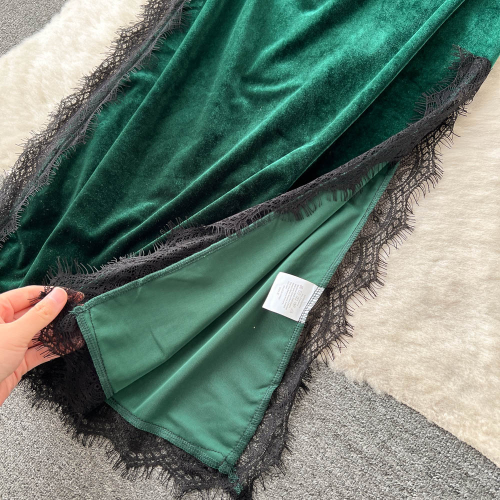 Lace Velvet Suspender Dress Women Slit Long Dress 1267