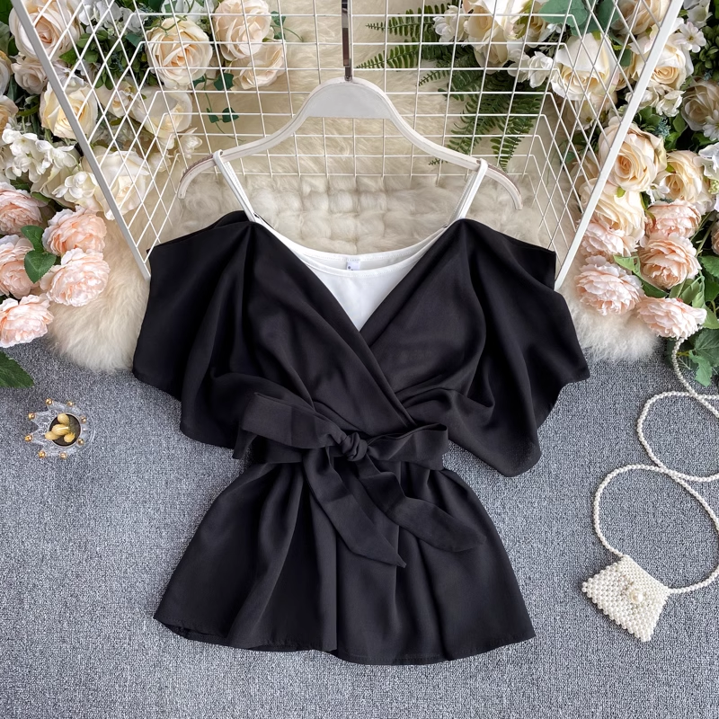 Spaghetti Strap Off The Shoulder Ruffle Top Summer Chiffon Top 1018