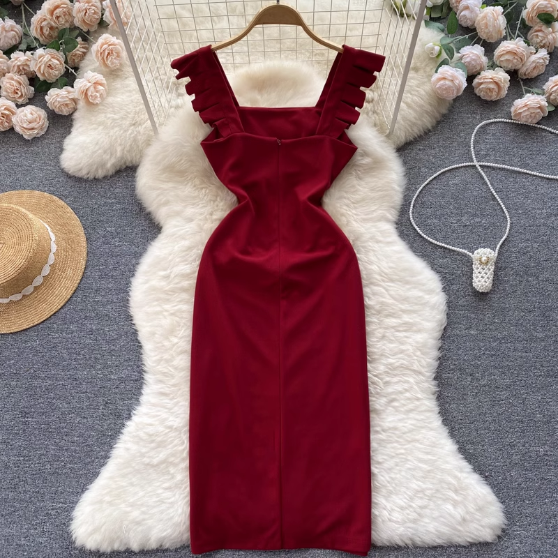 Retro-Kleid mit quadratischem Ausschnitt, französischer Sommerrock, schmaler langer Rock 1015