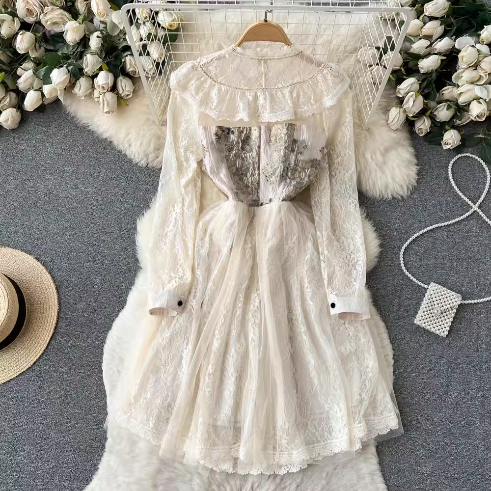 Spring and Autumn Retro Lace Dress Mid Length Fairy Lace Dress 1172