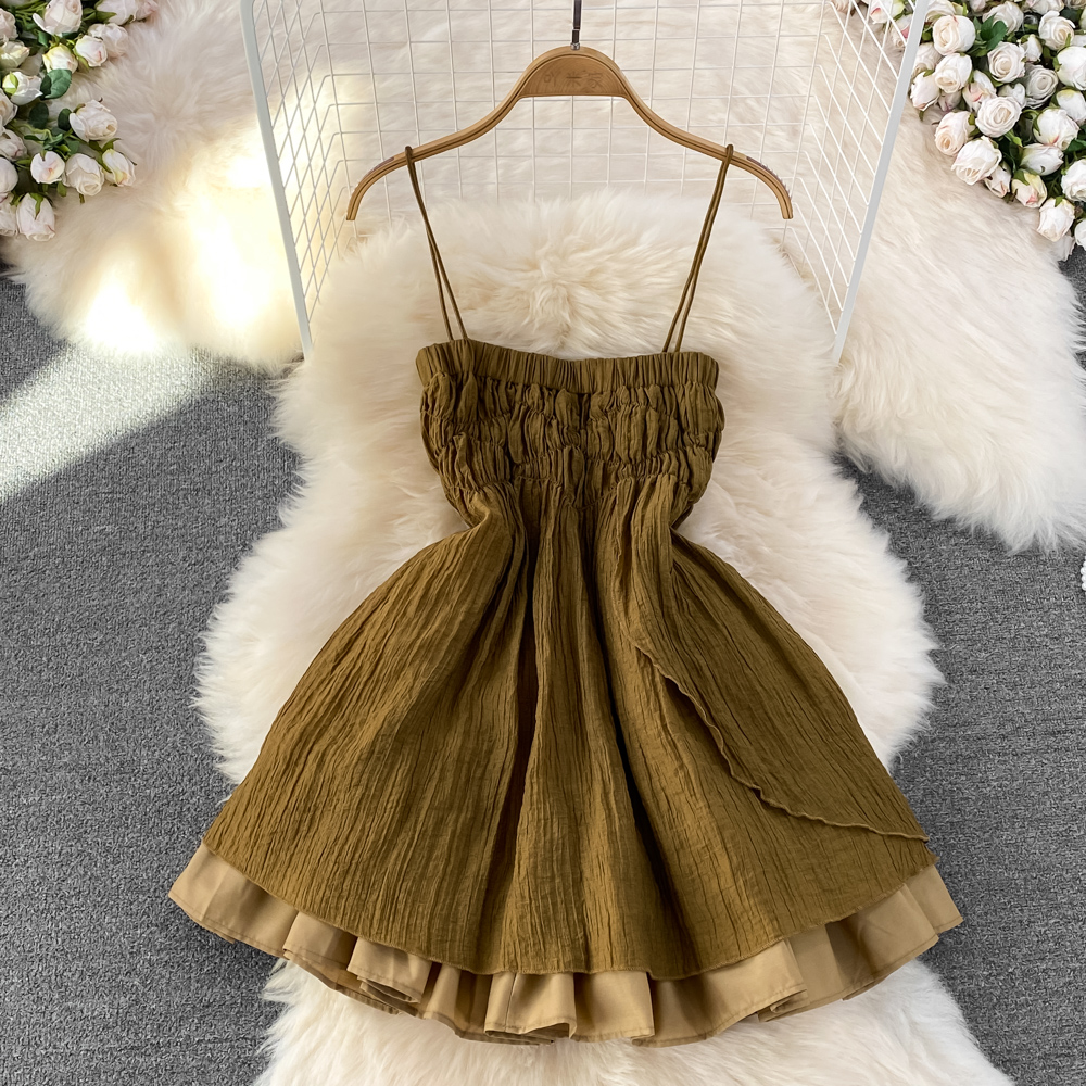 Spaghetti Strap Skirt Summer Retro Short A line Fluffy Dress 1292
