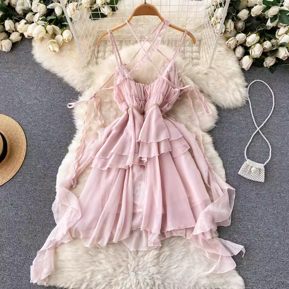 Sweet Ruffled Mesh Suspender Dress Summer Fairy Skirt 1239