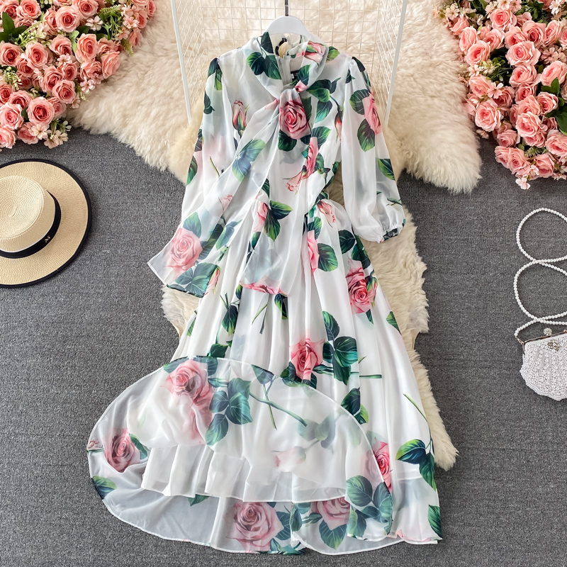 Spring and Autumn Rose Print Tie Bow Chiffon Dress 1329