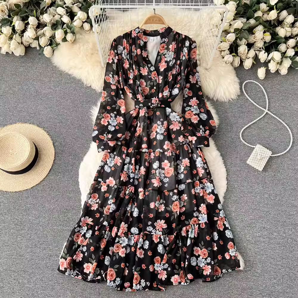 Modisches Kleid mit V-Ausschnitt und langen Ärmeln, Frühlings-Chiffon-Blumenkleid, feenhaftes süßes Kleid 1112