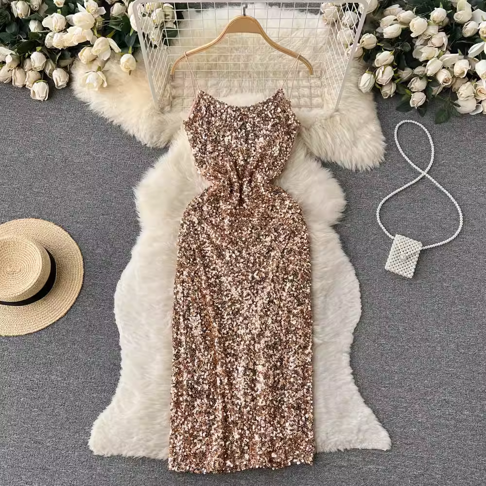 Sexy Pailletten-Glitzer-Strapskleid mit geteiltem Abendkleid 1242