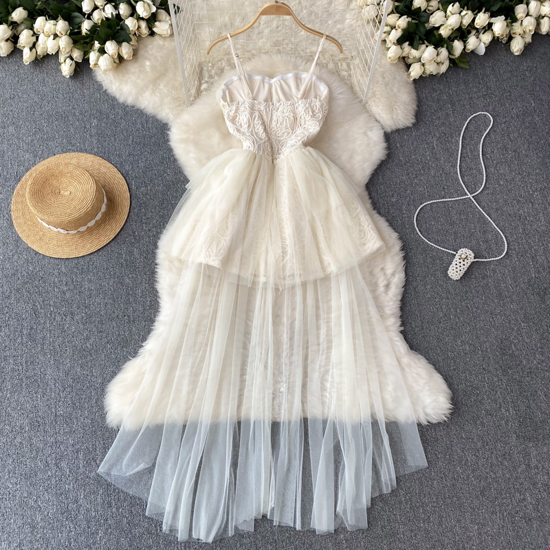 Flauschiges Spitzen-Mesh-Kleid Sommerkleid mit Spaghettiträgern 1176