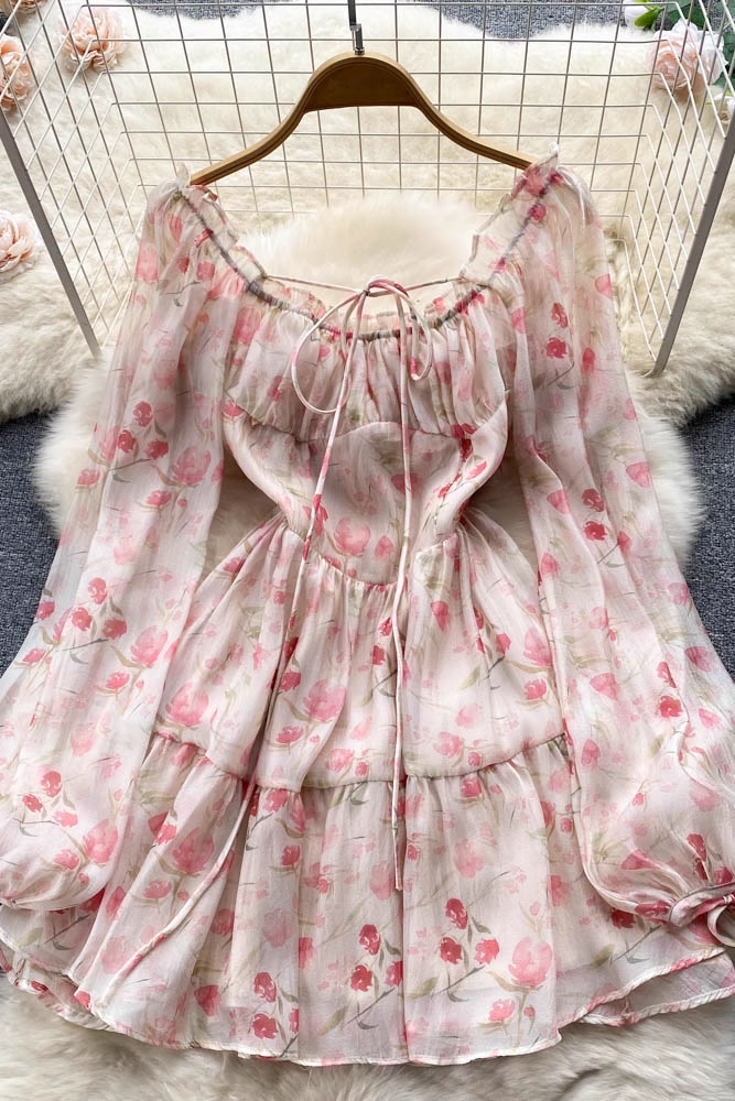 Feenkleid, Blumenmuster, Puffärmel, sanftes Prinzessinnenkleid 1011