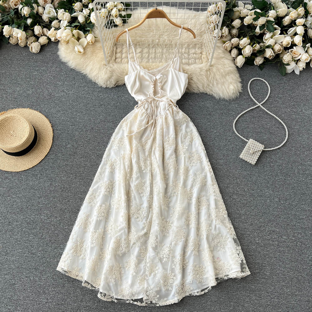 Sommer-Spitzen-Hosenträgerkleid, süße Stickerei, feenhafter langer Rock 1219