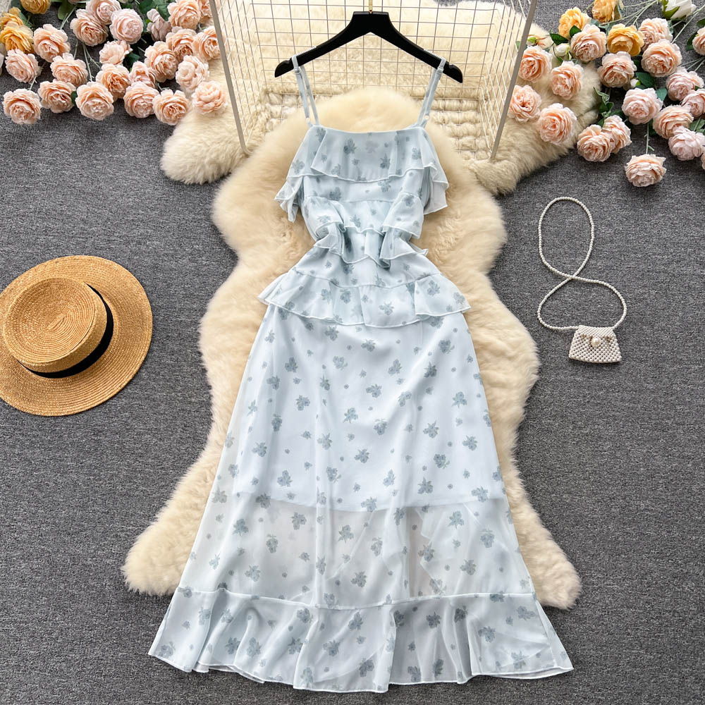 Sommer Blumen Sling Kleid Frauen Rüschen Schlitz Fee Rock 1253