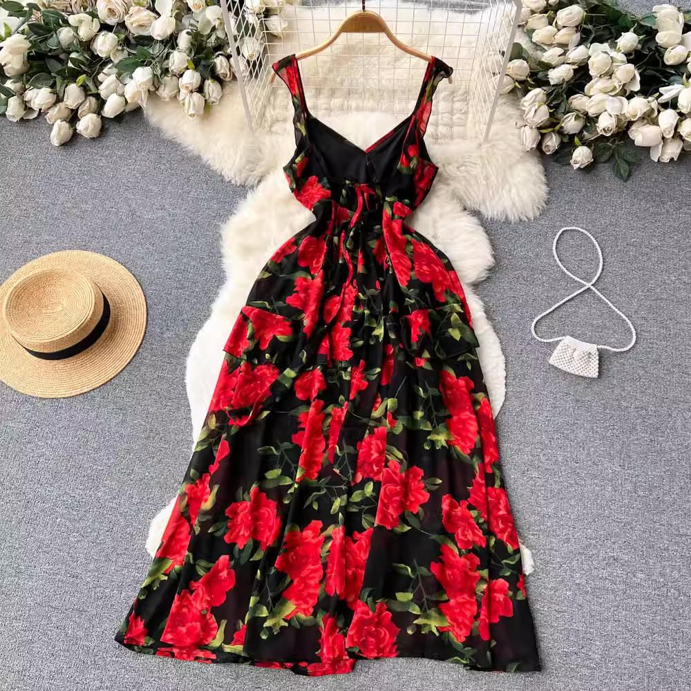 Feenhaftes Blumenkleid für Damen, sexy, rückenfrei, gerüschter Chiffonrock 1178
