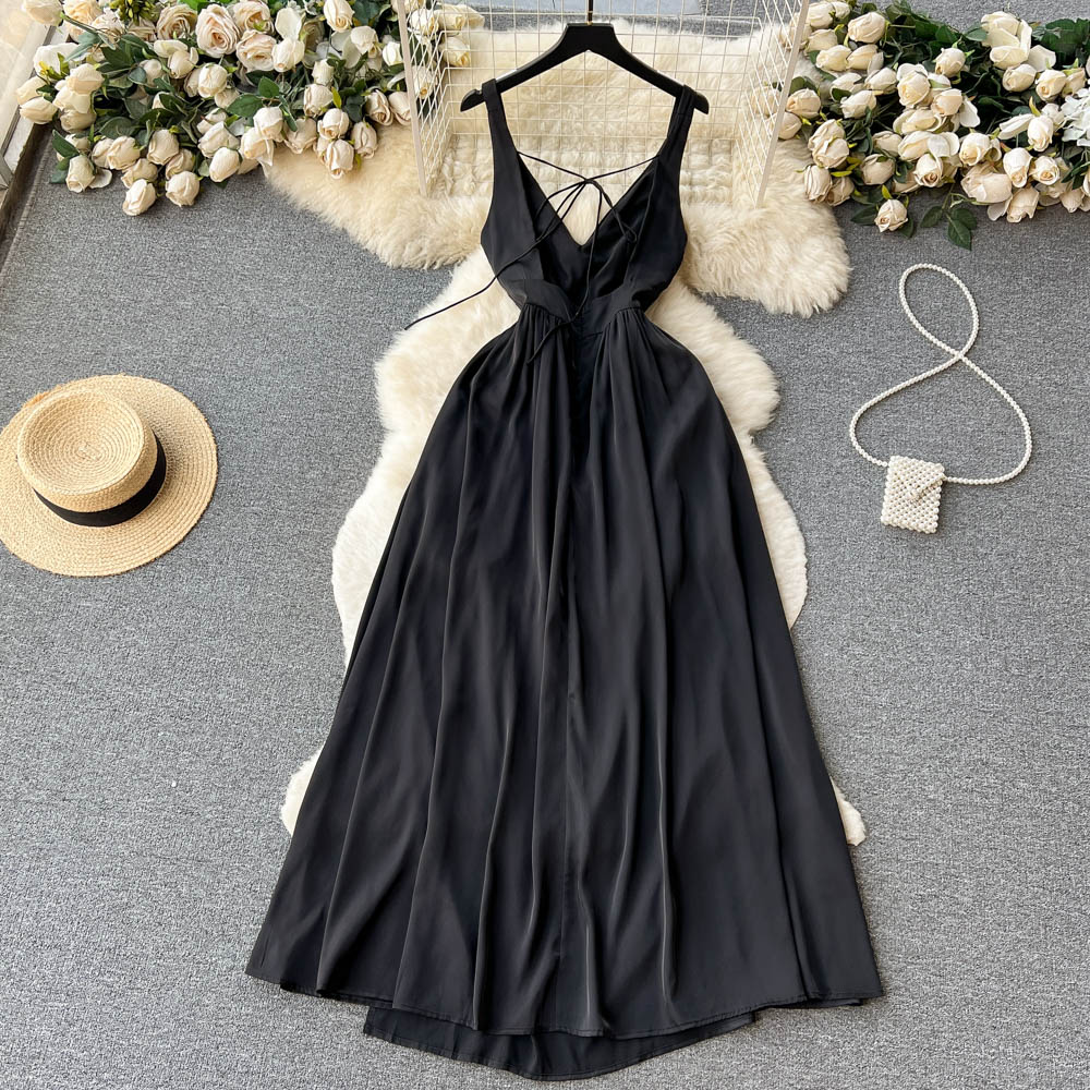 Rückenfreies schwarzes Kleid mit V-Ausschnitt, Sommer-Retro-Schlitzkleid 1251