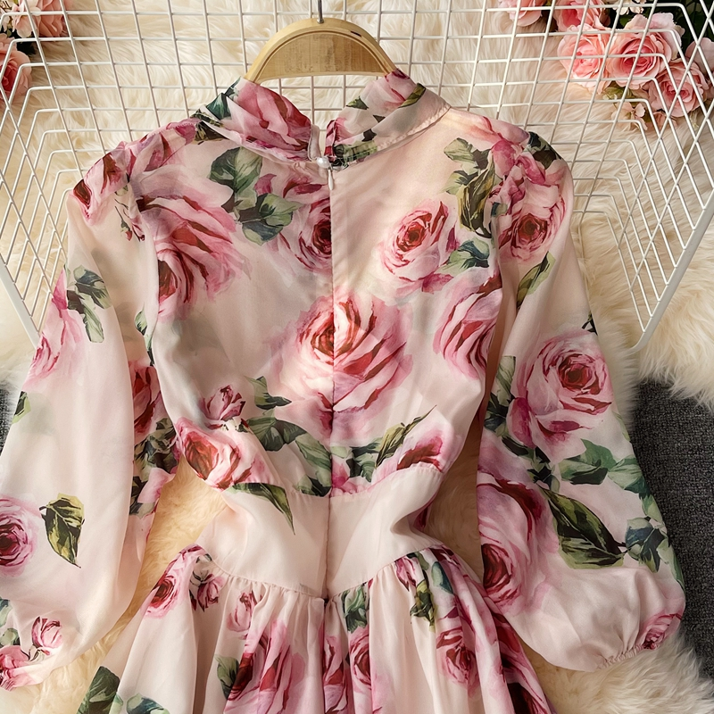 Feenhaftes Rosen-Blumenmuster-Kleid mit Fliege und langem Rock 1328