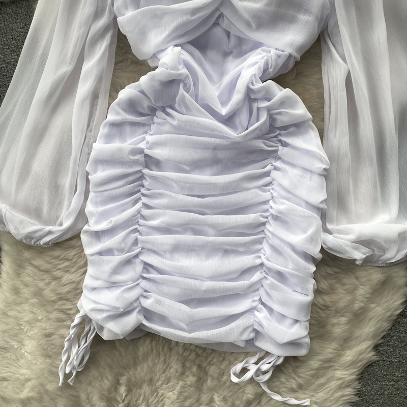 Plissee-Kleid mit quadratischem Ausschnitt und langen Ärmeln, kurzes Etuikleid mit Puffärmeln 1174