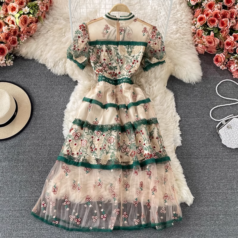 French Retro Stand Collar Mesh Embroidery Lace Dress Elegant Dress Skirt 1335