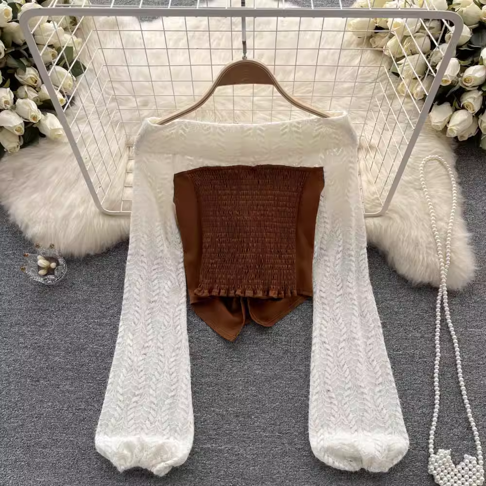 Women Off Shoulder Lace Knitted Top Long Sleeves Summer Top 1062