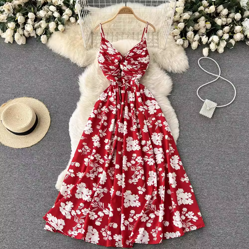Summer Pleated Chiffon Suspender Skirt Floral Dress 1209
