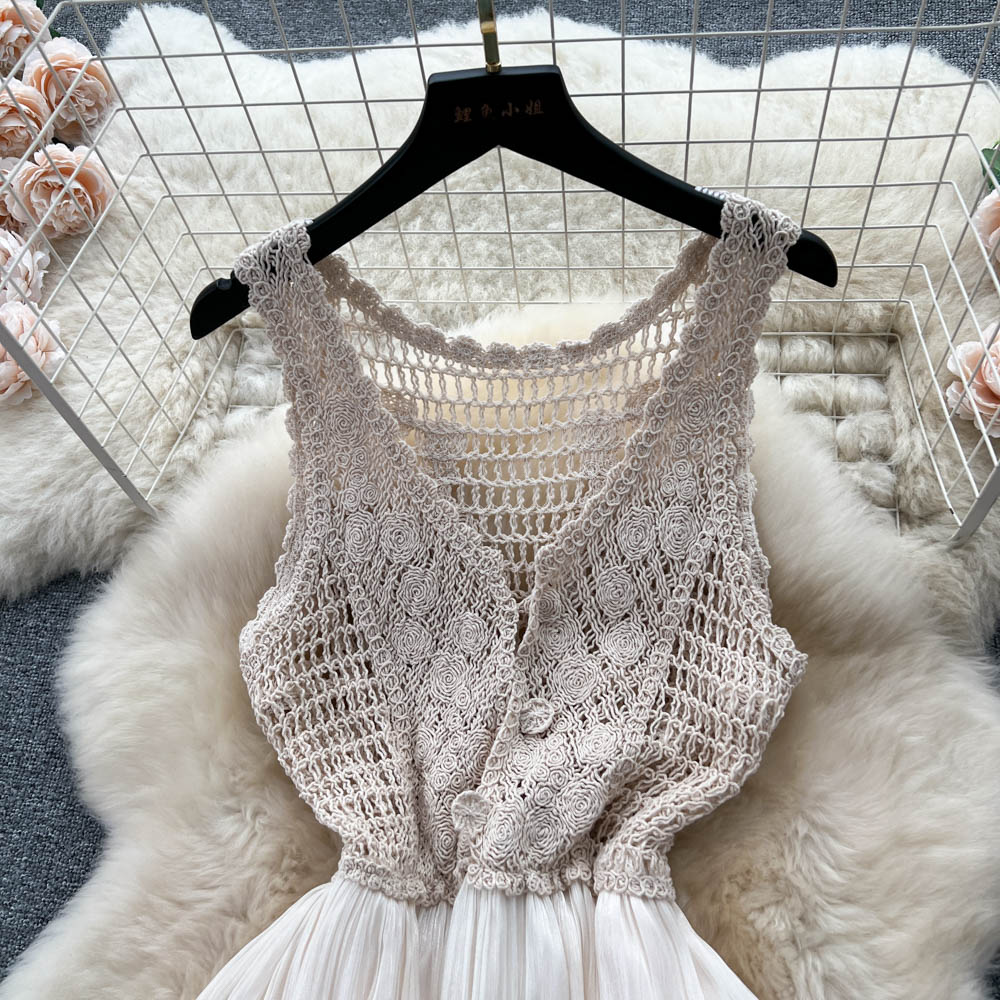 Gestricktes Westenkleid Sommer V-Ausschnitt Hohlnetzrock 1179