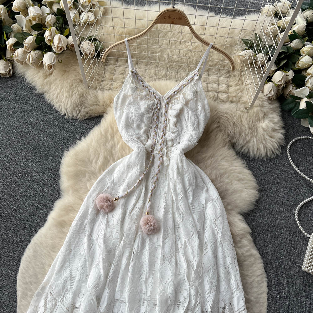 V-Ausschnitt Spitze Sling Kleid Frauen Sommer Elegant süßer langer Rock 1254
