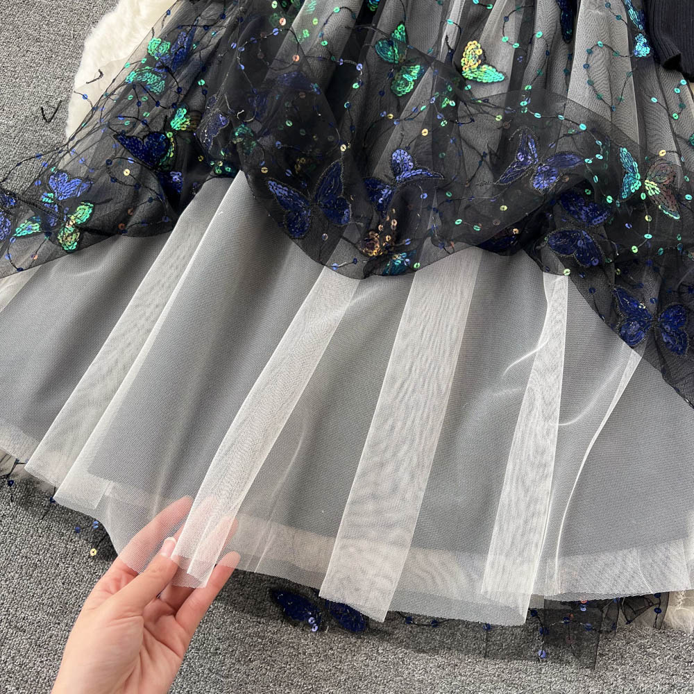 Women Autumn Mesh Long Sleeve Knitted Dress 1122