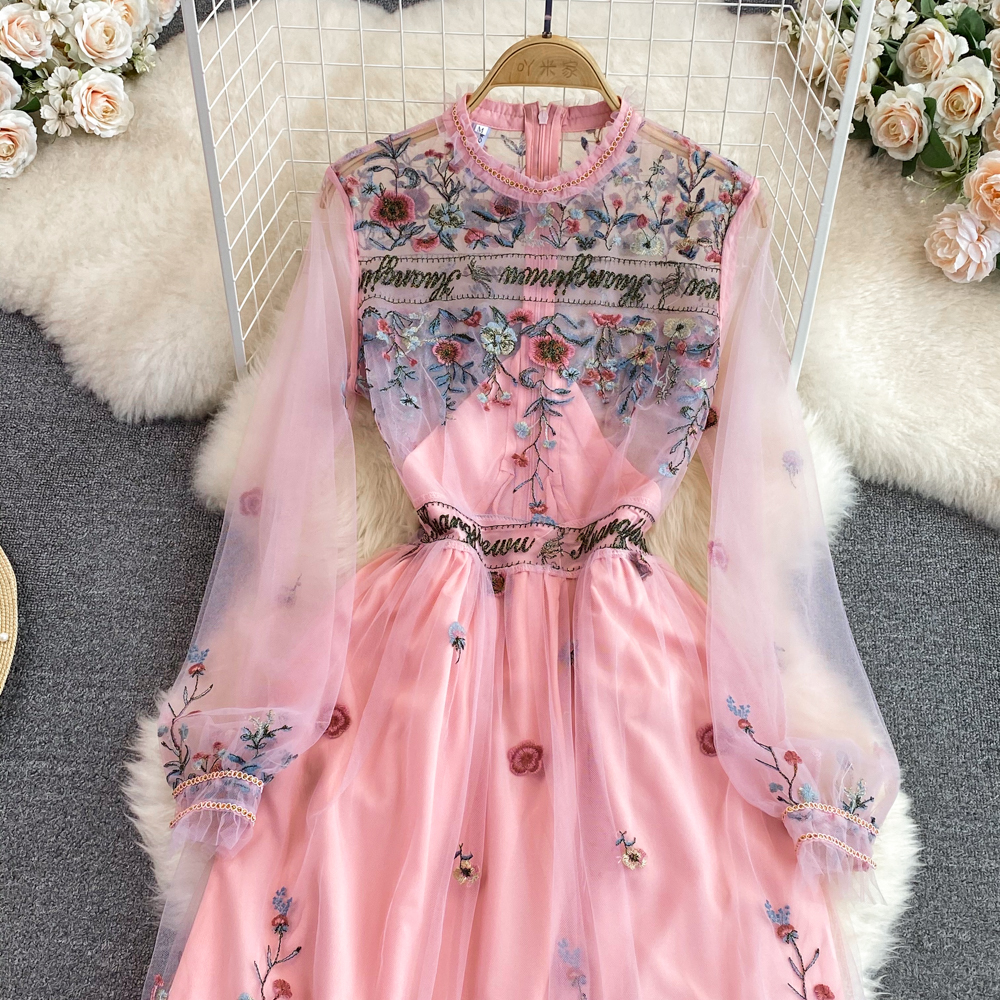 Rundhals-Mesh-Stickerei-Kleid, A-Linie, Rüschen-Feenkleid für Damen 1300