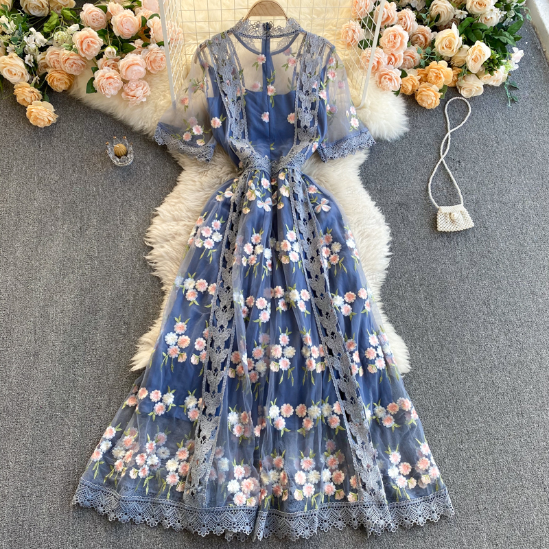 Fairy Round Neck Dress Short Sleeve Mesh Embroidery Skirt 1116