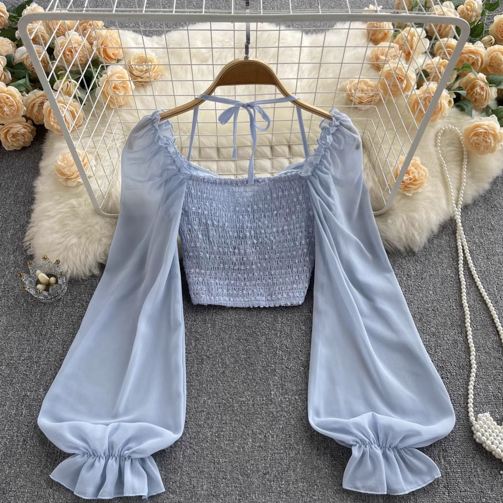 Polka Dot Pleated Balloon Sleeve Cropped Top 1053