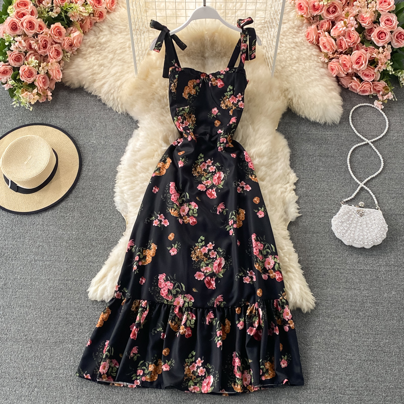 Sommermädchen-Kleid mit Rüschen, Schleife und Schultergurt, mittellanges Blumenkleid 1315