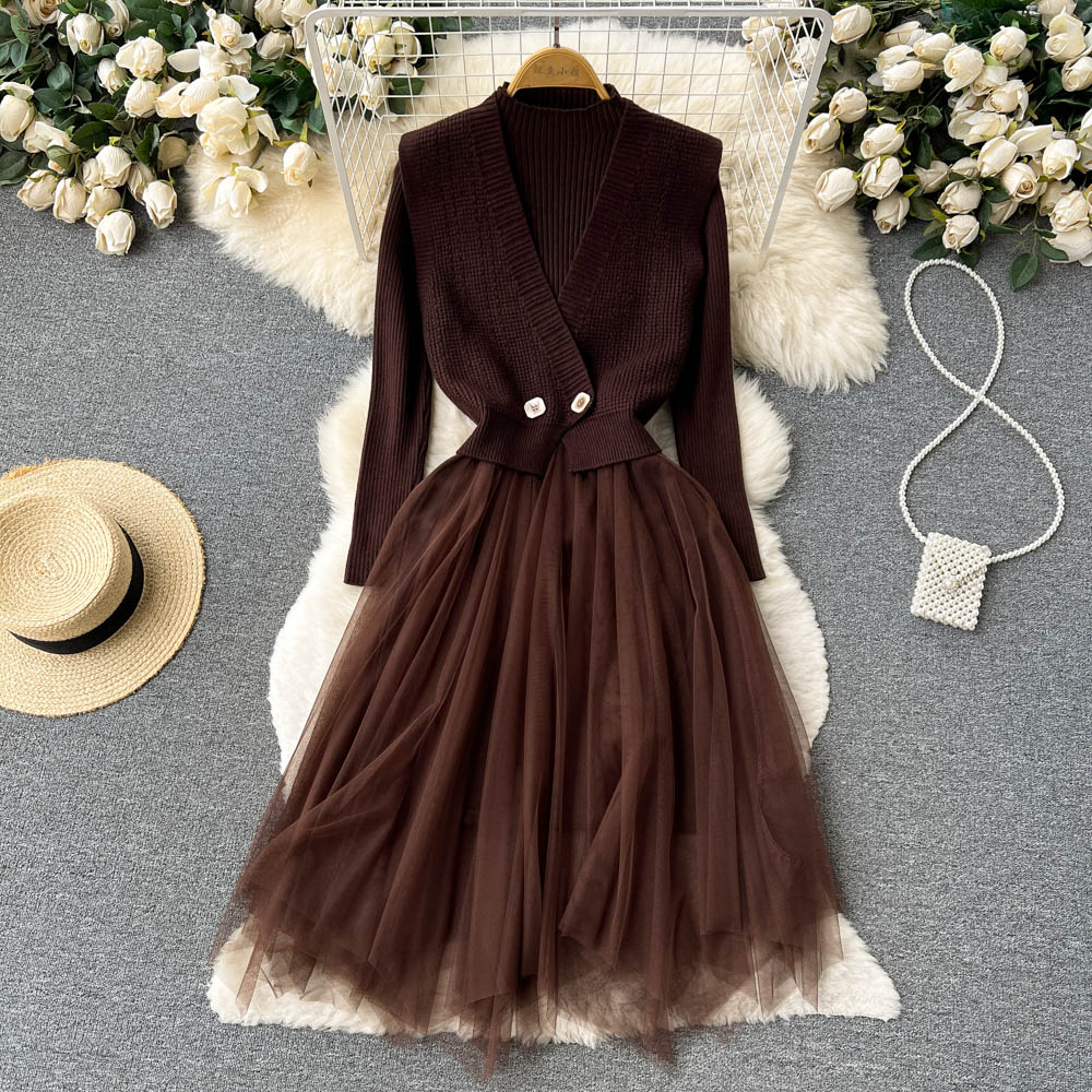 Mesh Lange Ärmel Strickkleid Frauen Herbst Pullover Kleid Fee Kleid 1262