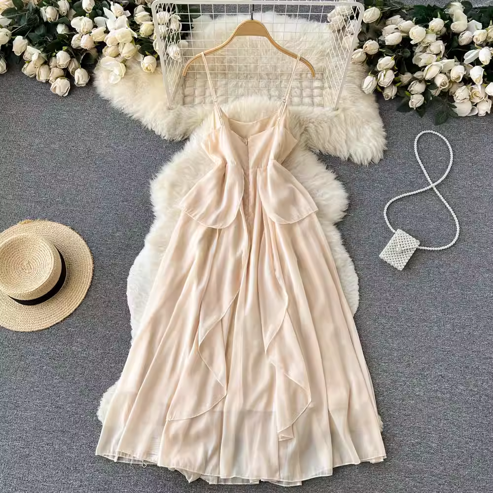 Französisches Feen-Sling-Kleid für Damen, Rüschen, süßer Rock 1243