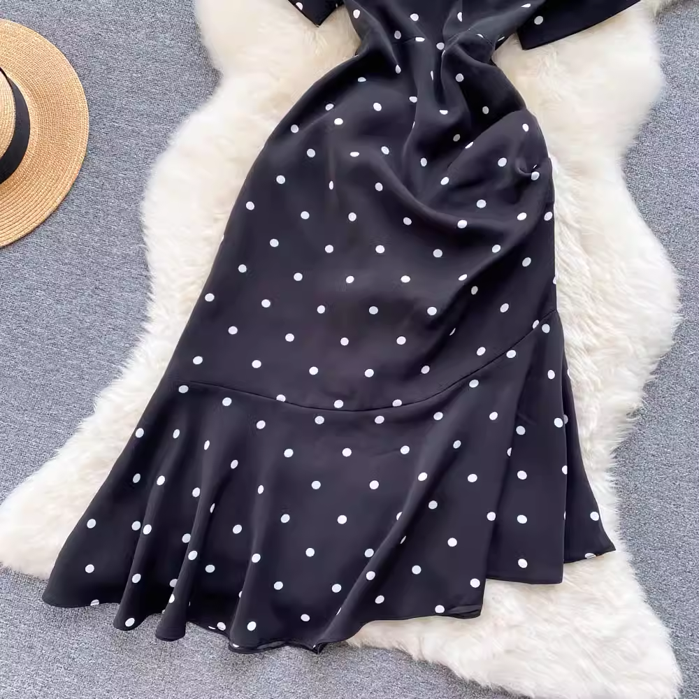 Women Summer Dress Mermaid Midi Black Dots Skirt 1126