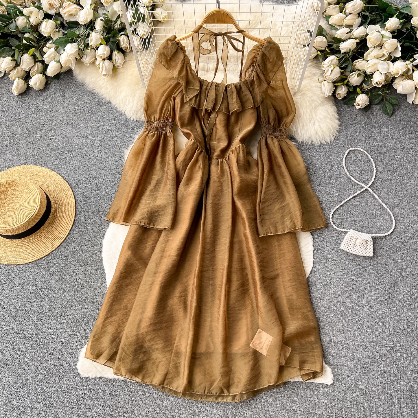 Retro Mesh A-Linie Kleid Mädchen Sommer Rüschen Blütenblatt Ärmel Mittellanger Rock 1278