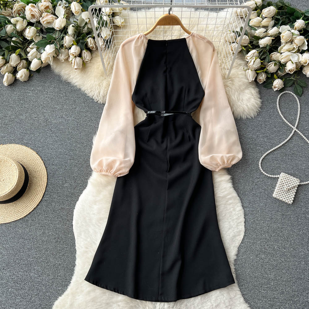 Französisches Retro-Mesh-Kleid mit langen Ärmeln, 3D-Blumenfeenkleid 1199