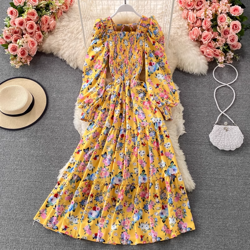 Kleid mit hoher Taille und Blumenmuster und Puffärmeln, Sommerkleid mit quadratischem Kragen und langen Ärmeln 1316