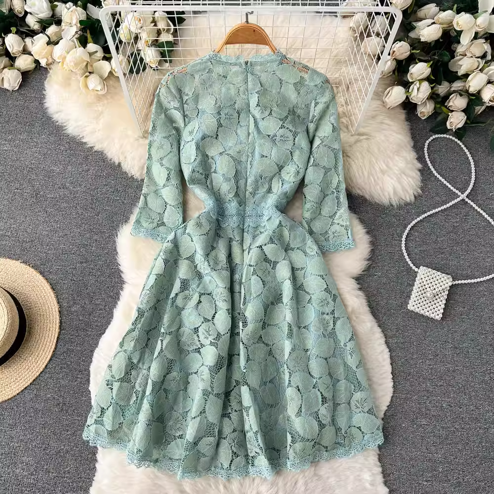 Hollow Autumn Dress Women A Line Long Sleeves Skirt 1193