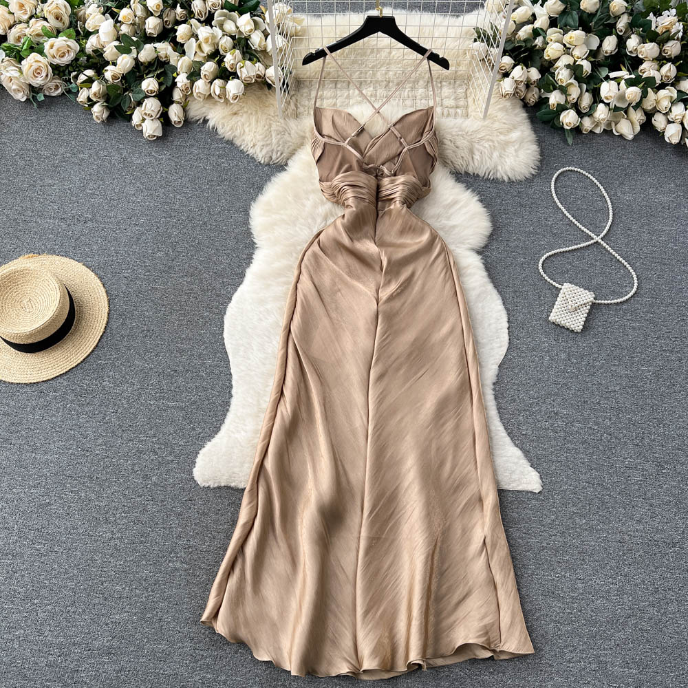 Satin-Kleid mit Spaghettiträgern, Sommer-Etuikleid, Abendkleid 1107