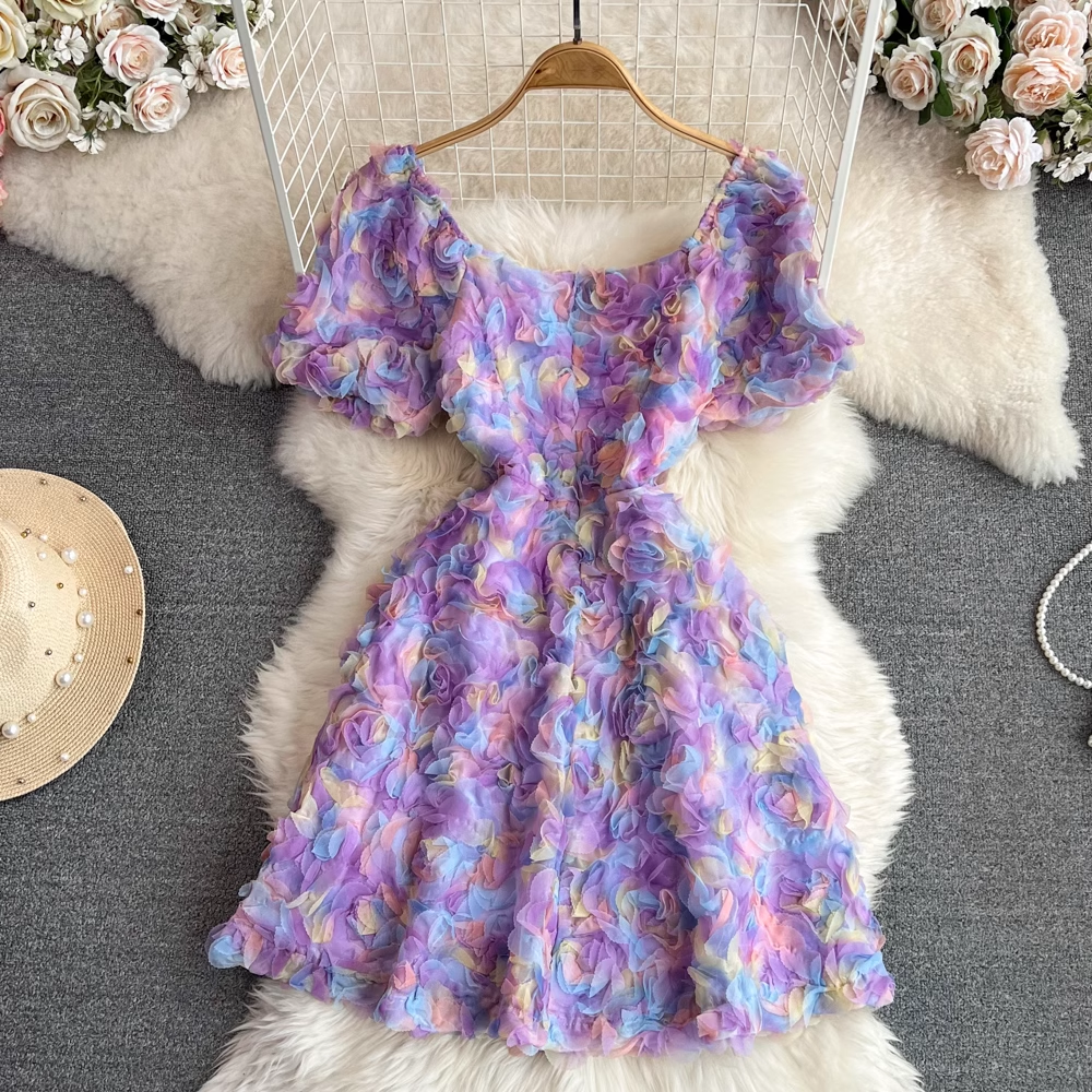 Kurzärmliges 3D-Rosenblumen-A-Linien-Kurzkleid für den Sommer 1311