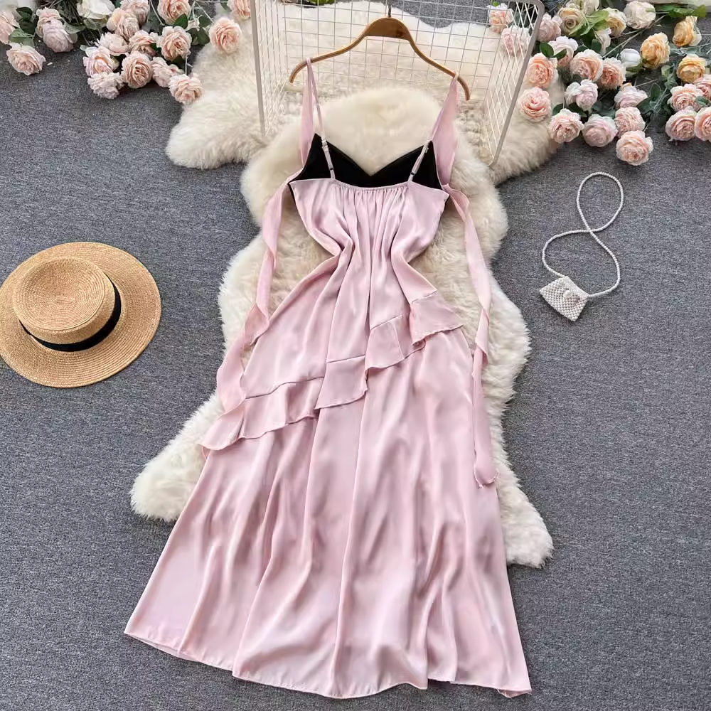Rosa Rüschenkleid Sommer Süßes Strapskleid 1149