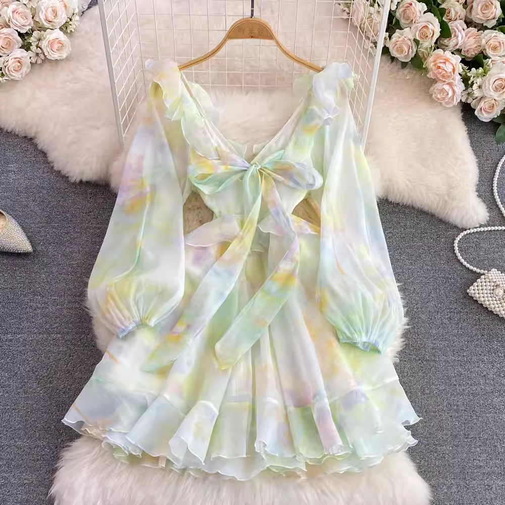 Sommerkleid mit V-Ausschnitt und langen Ärmeln, bedrucktes Chiffonkleid in A-Linie 1293
