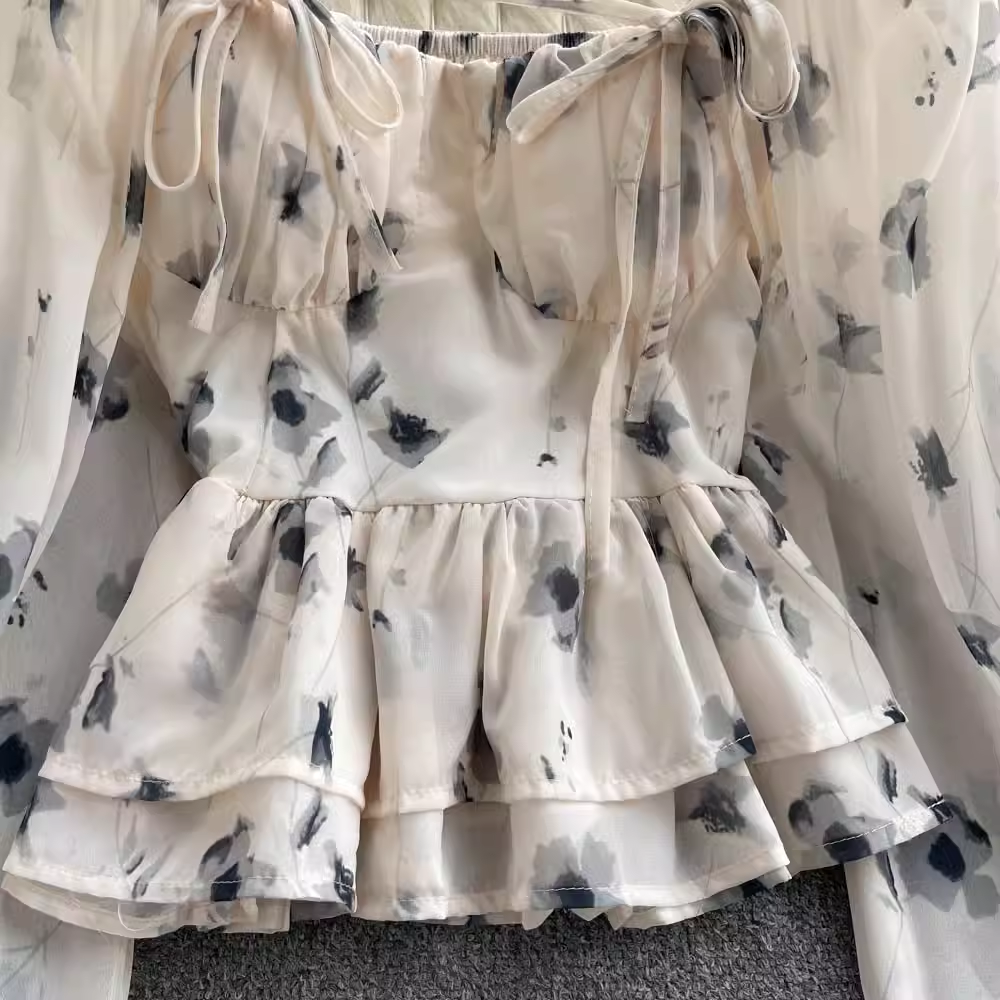 Haut en mousseline à manches lanternes françaises, chemise courte imprimée d'été 1054