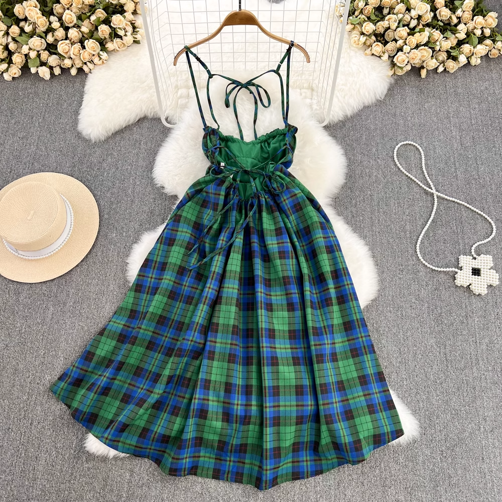 Retro Backless Suspender Skirt A Line Plaid Dress for Girl 1302