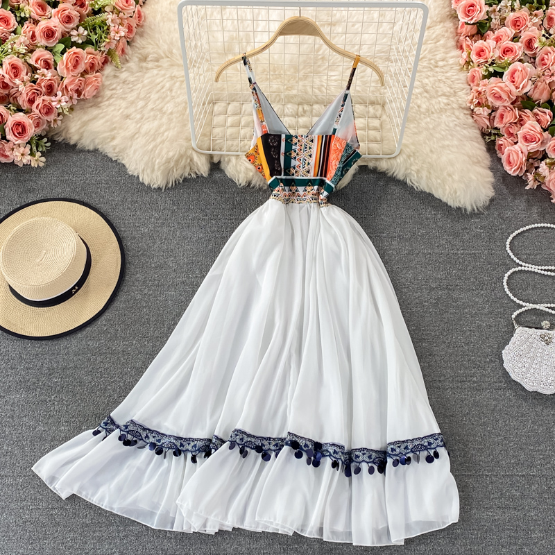 Retro bedruckter Hosenträgerrock Bohemian Elegantes Kleid Sommer 1331