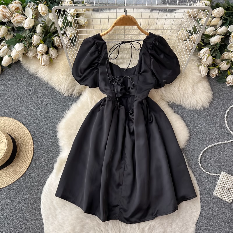 Schwarzes Kleid im französischen Stil für Damen, rückenfrei, Sommerrock mit Puffärmeln, 1175