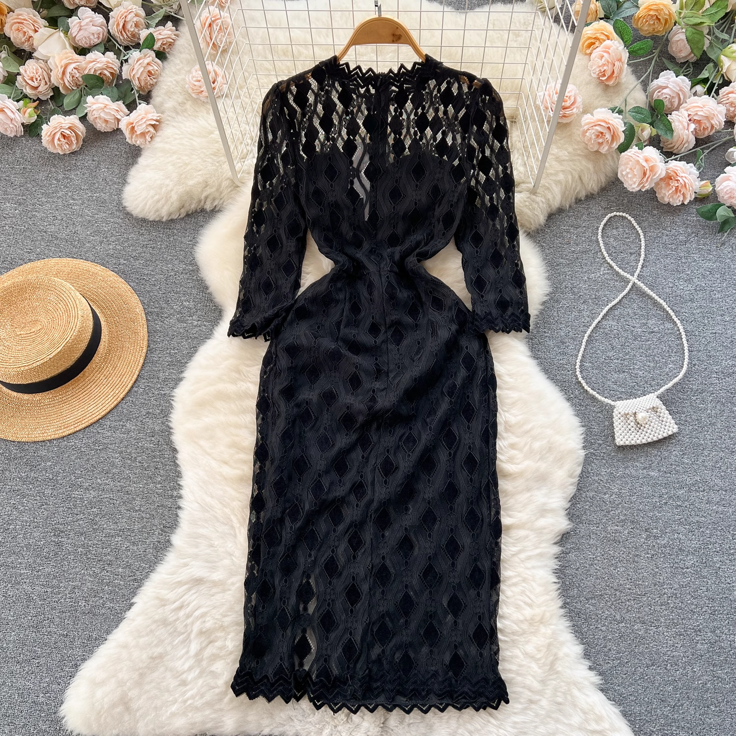 Frühling und Sommer Spitze Etuikleid Frauen Hohl Sexy Abendkleid 1272