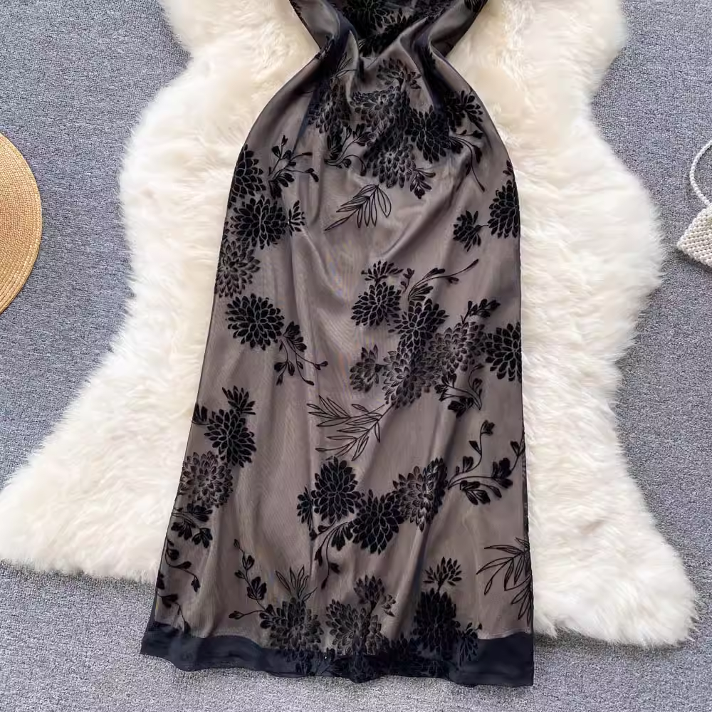 Retro Schwarzes Sexy Spaghettiträgerkleid Bedrucktes Abendkleid 1136
