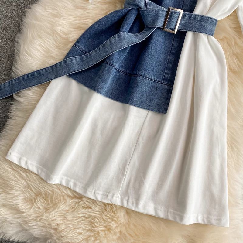 Rundhals-Denim-Nähkleid mit kurzen Ärmeln, Sommer-T-Shirt-Rock in mittlerer Länge 1332