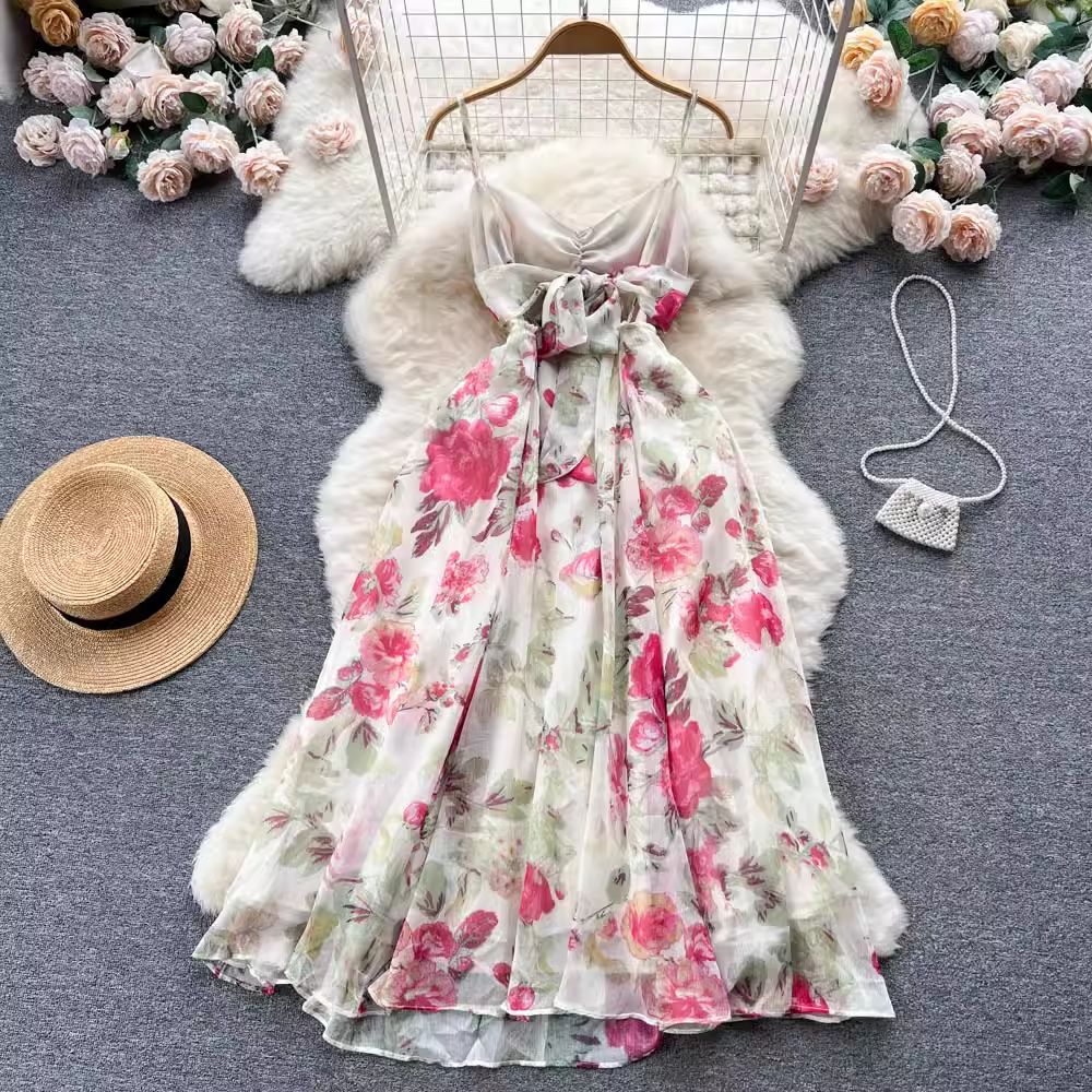 Robe fleurie rétro pour femme, dos nu, nœud papillon, robe à bretelles, été 1158