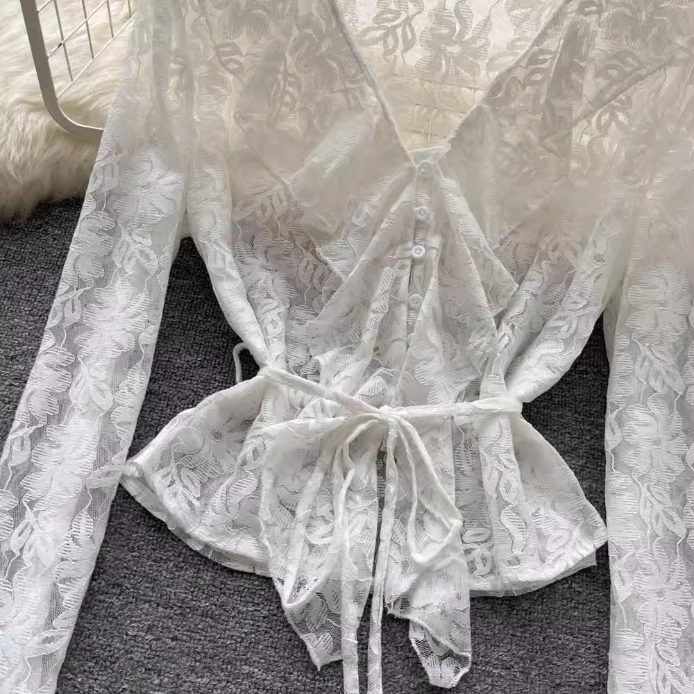 Hollow V-neck Lace Top Long Sleeves Summer Shirt 1056