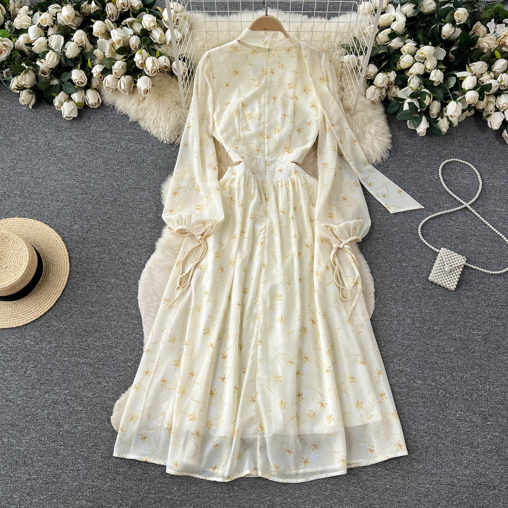 V-Ausschnitt, lange Ärmel, Blumenkleid, Frühlings-Herbst-Feenkleid 1132