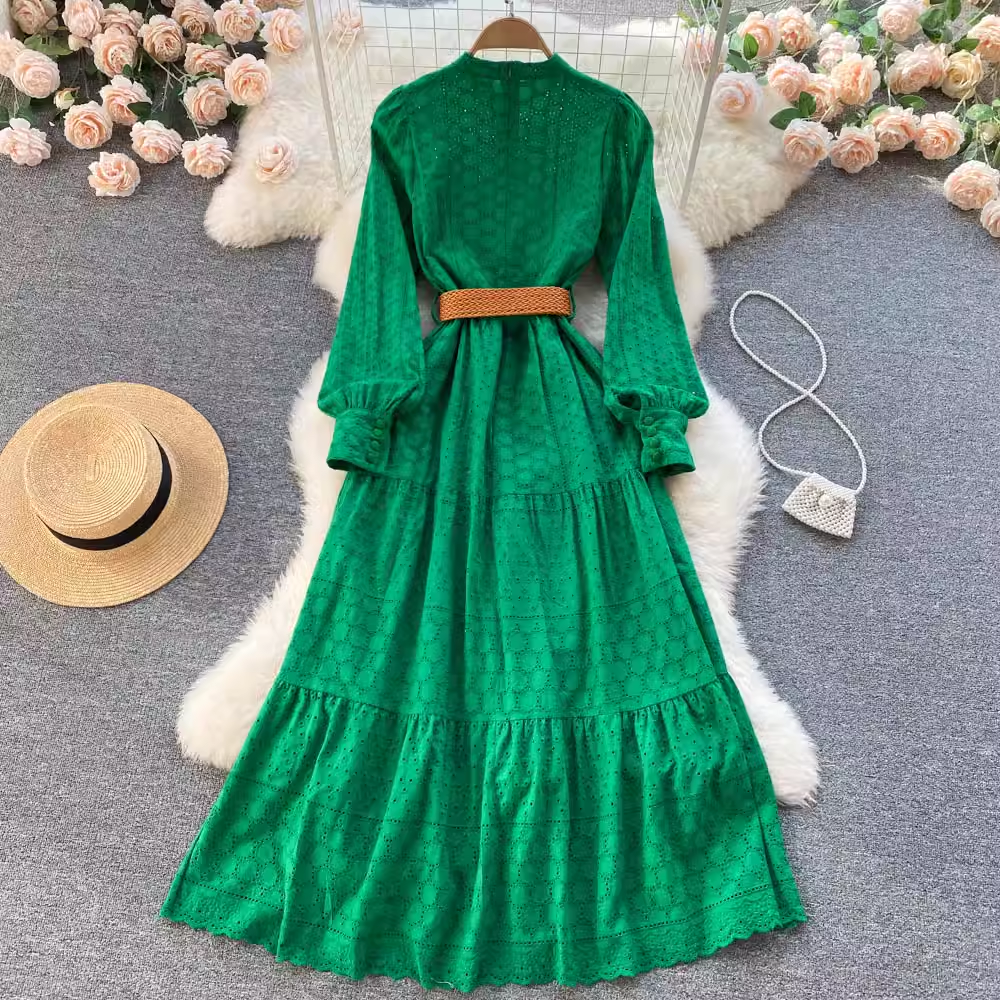 High Neck Spring Hollow Dress Long Sleeves A Line Swing Dress 1184