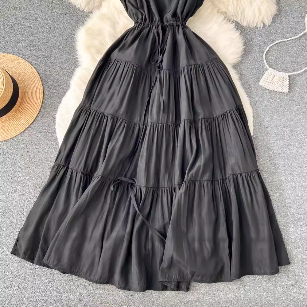 Robe d'été sans manches à col en V pour femme, jupe longue plissée 1268